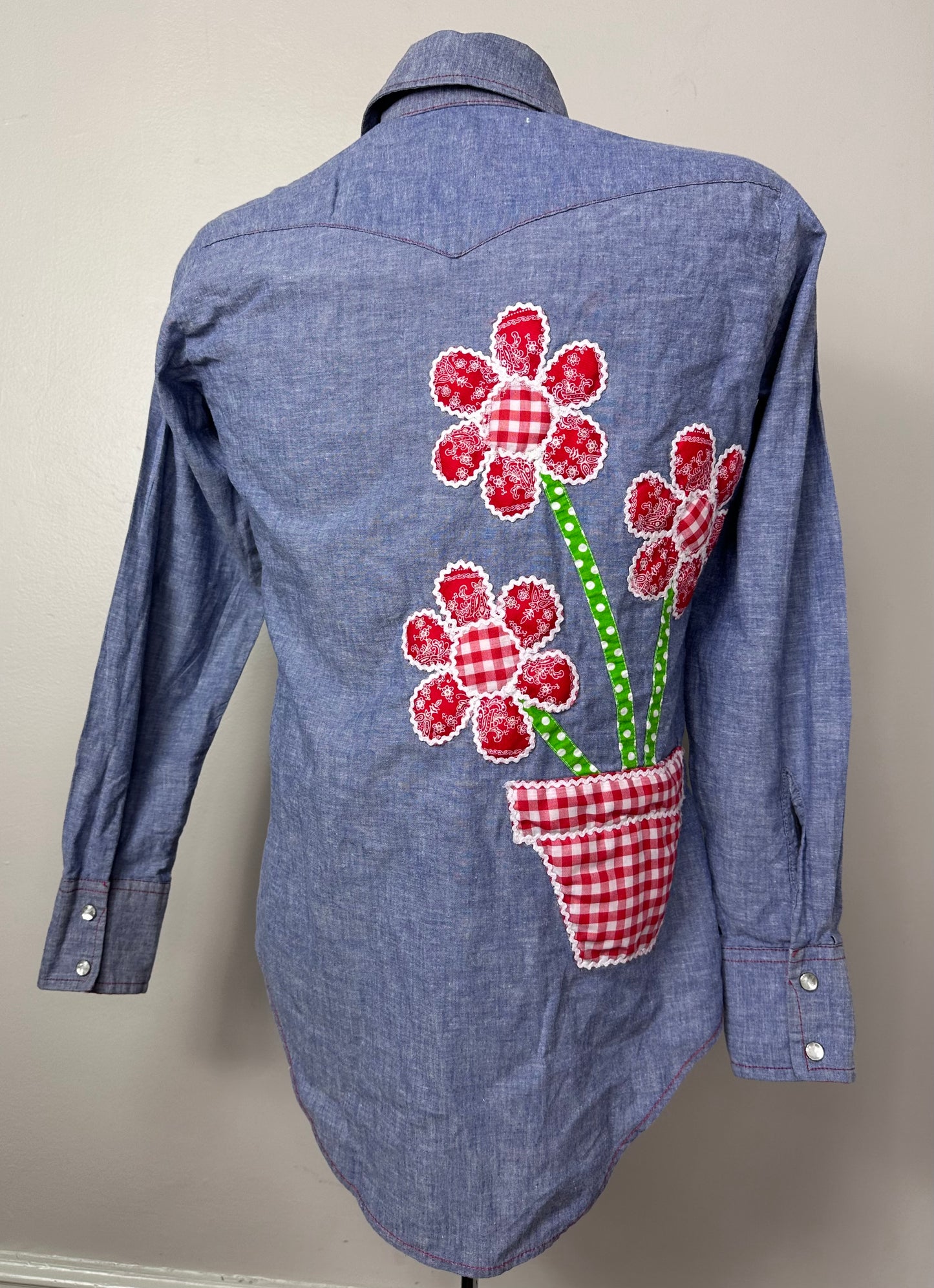 1970s Chambray Shirt with Floral Appliqué, Monzini Size Small, Bandana Trim