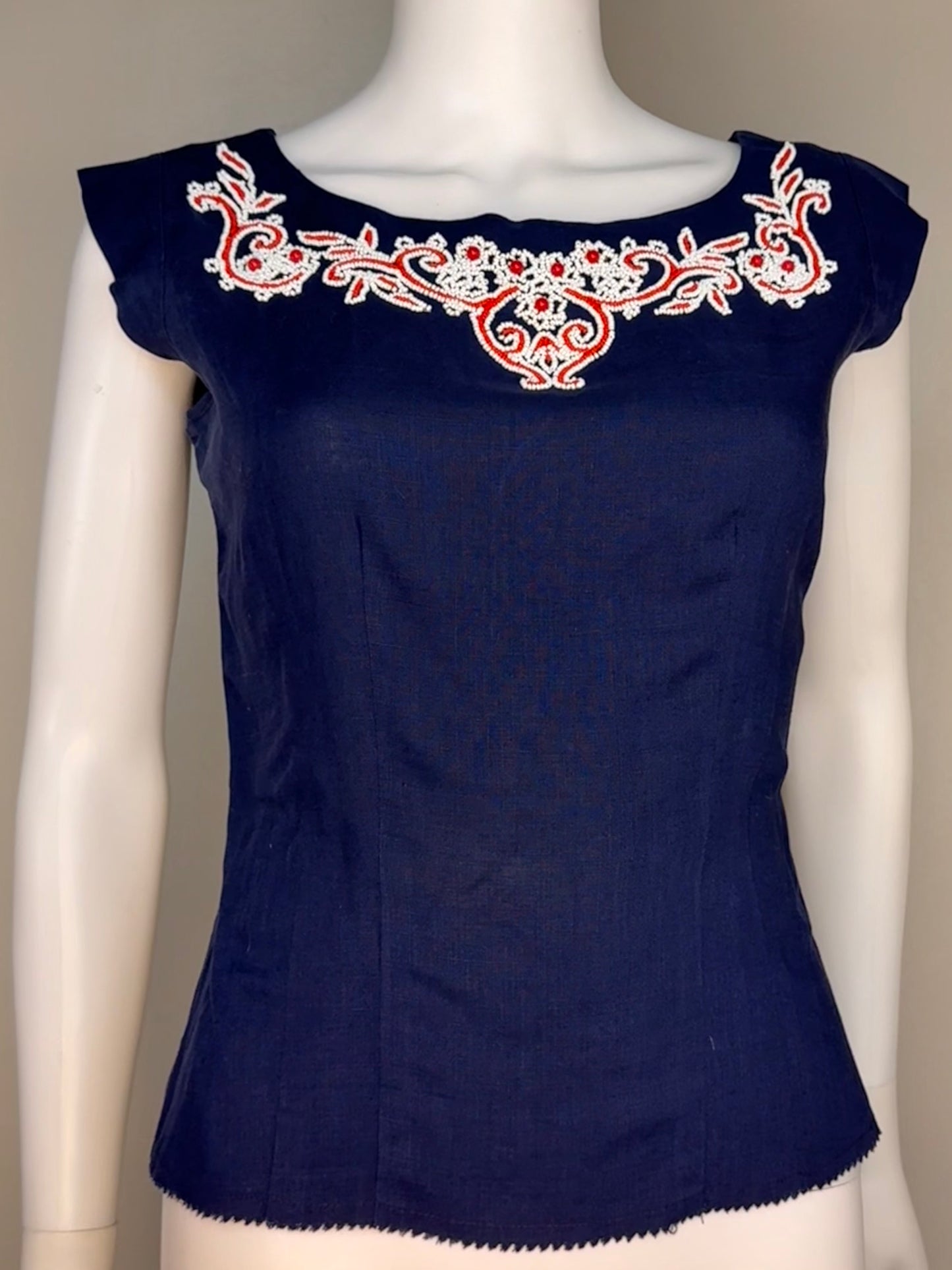 1940s/50s Beaded Navy Blue Top and Skirt Set, Nini Originals Size XS-Small