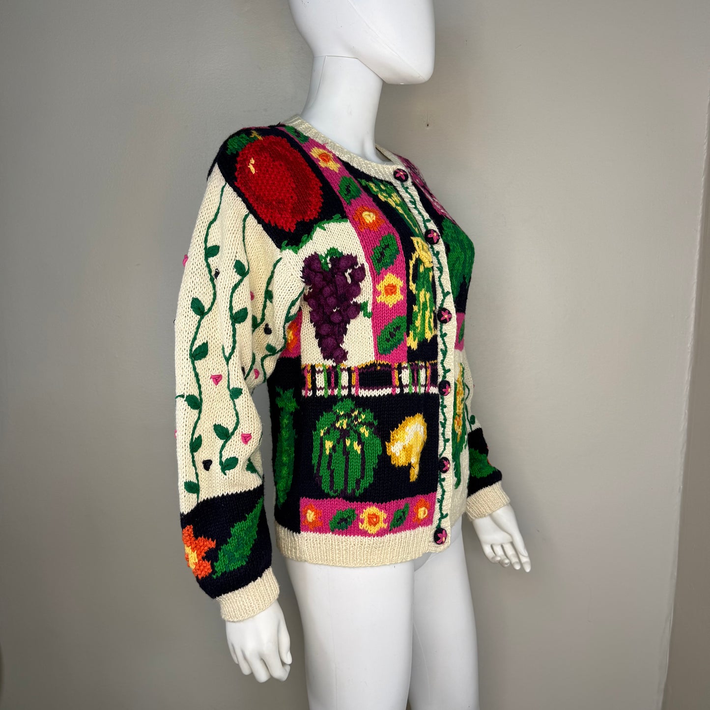 1990s Hand Knit Fruit and Vegetable Cardigan Sweater, The Eagle’s Eye Size Medium, 1991