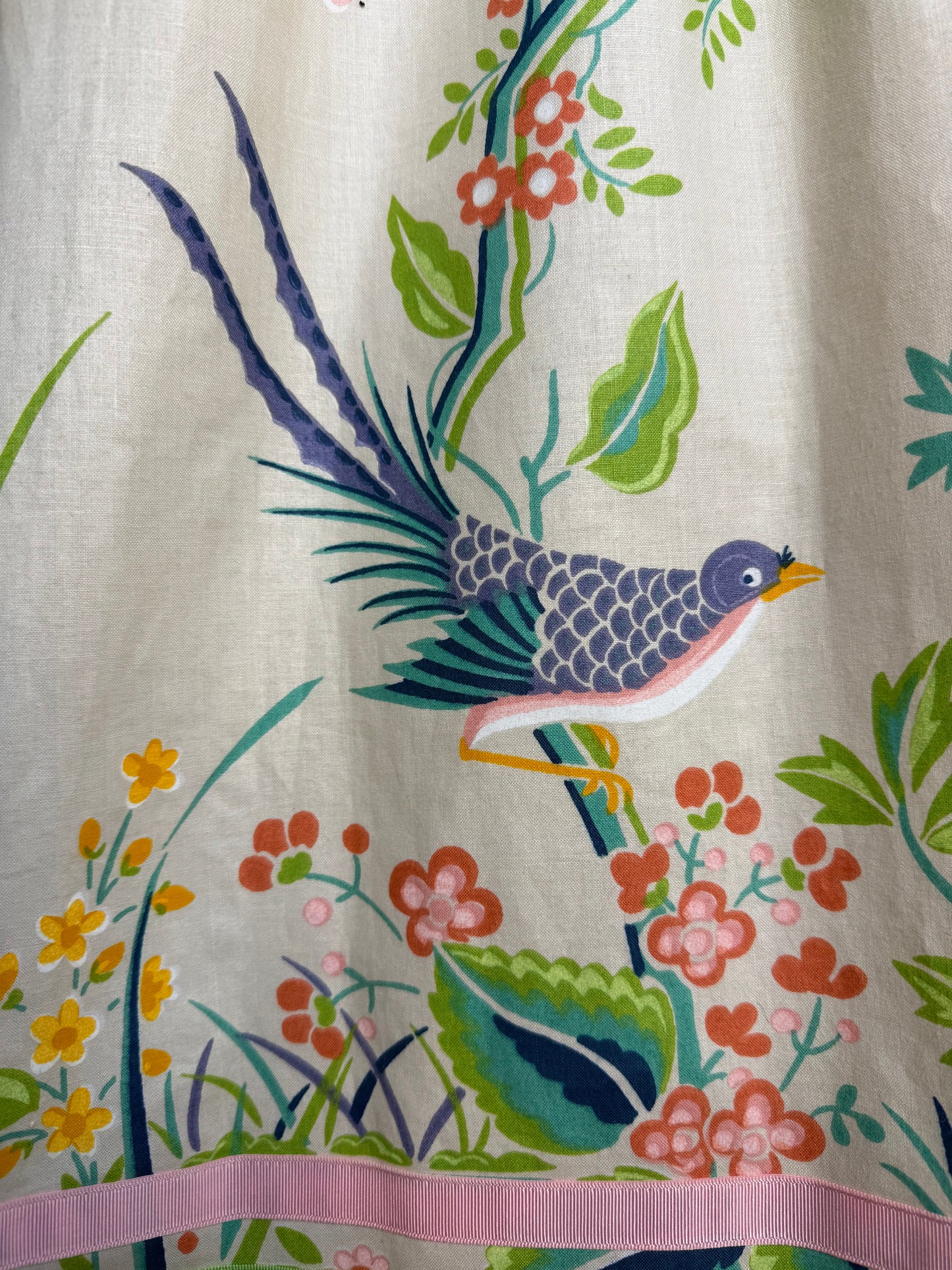 1980s Birds and Floral Sundress, Blair Woolverton Size XS, Sleeveless Dress, Grossgrain Ribbon Straps and Trim