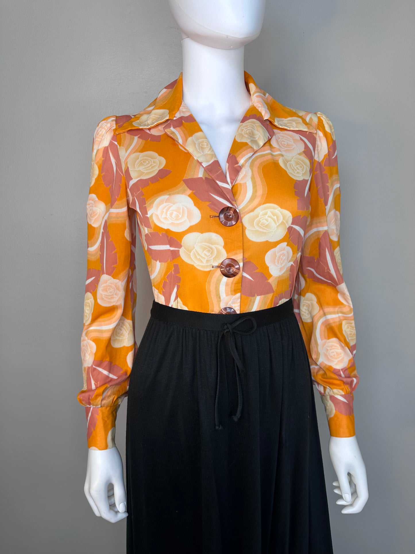 1970s Orange Floral Blouse with Big Buttons, Bronson of California Size XS, 70s does 40s