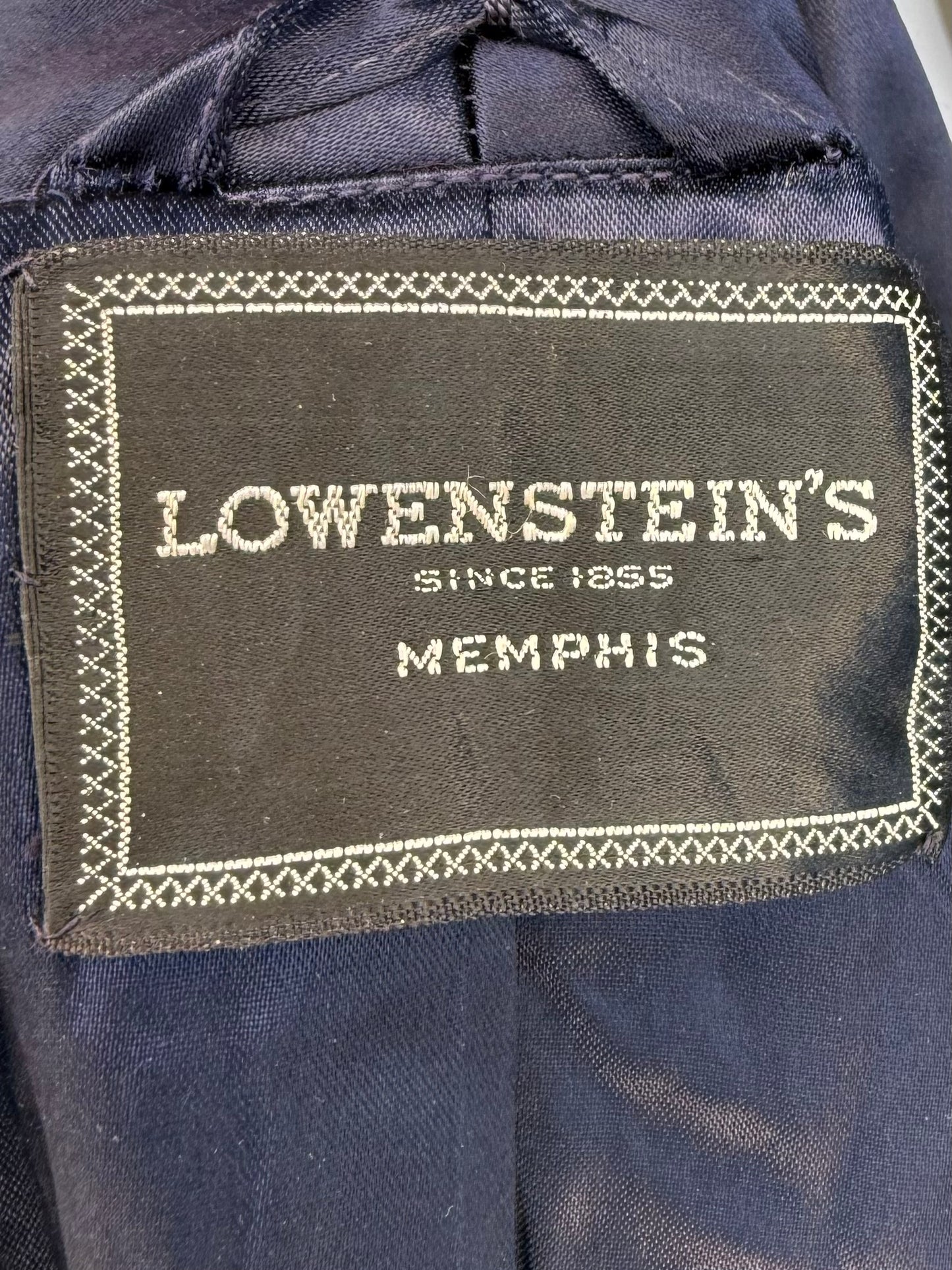 1930s/40s Men’s Navy Blue Satin Jacquard Lounging Robe, Smoking Jacket, Belt with Fringe Trim, Lowenstein’s Size Large