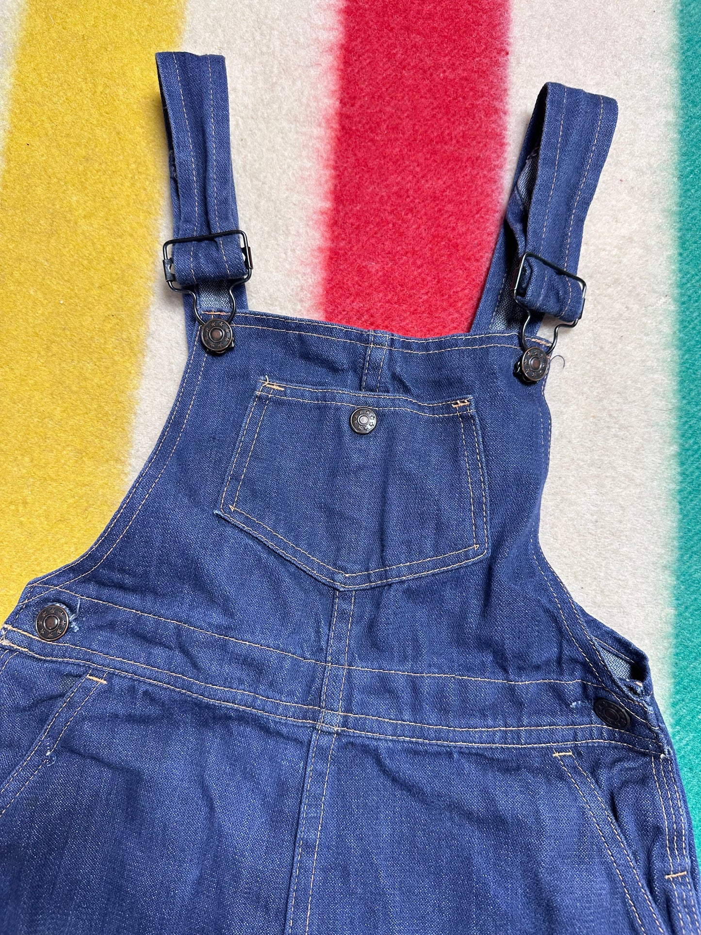 1970s Kids Denim Bell Bottom Overalls, Happiness is… Size 8