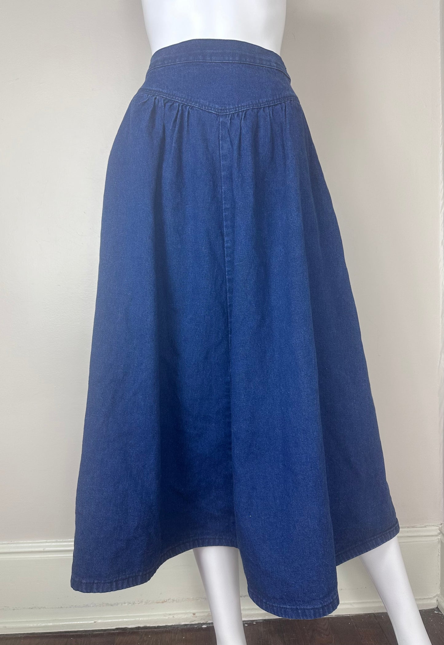1980s Denim Midi Skirt, Wrangler Size S/M, Full, Side Zip