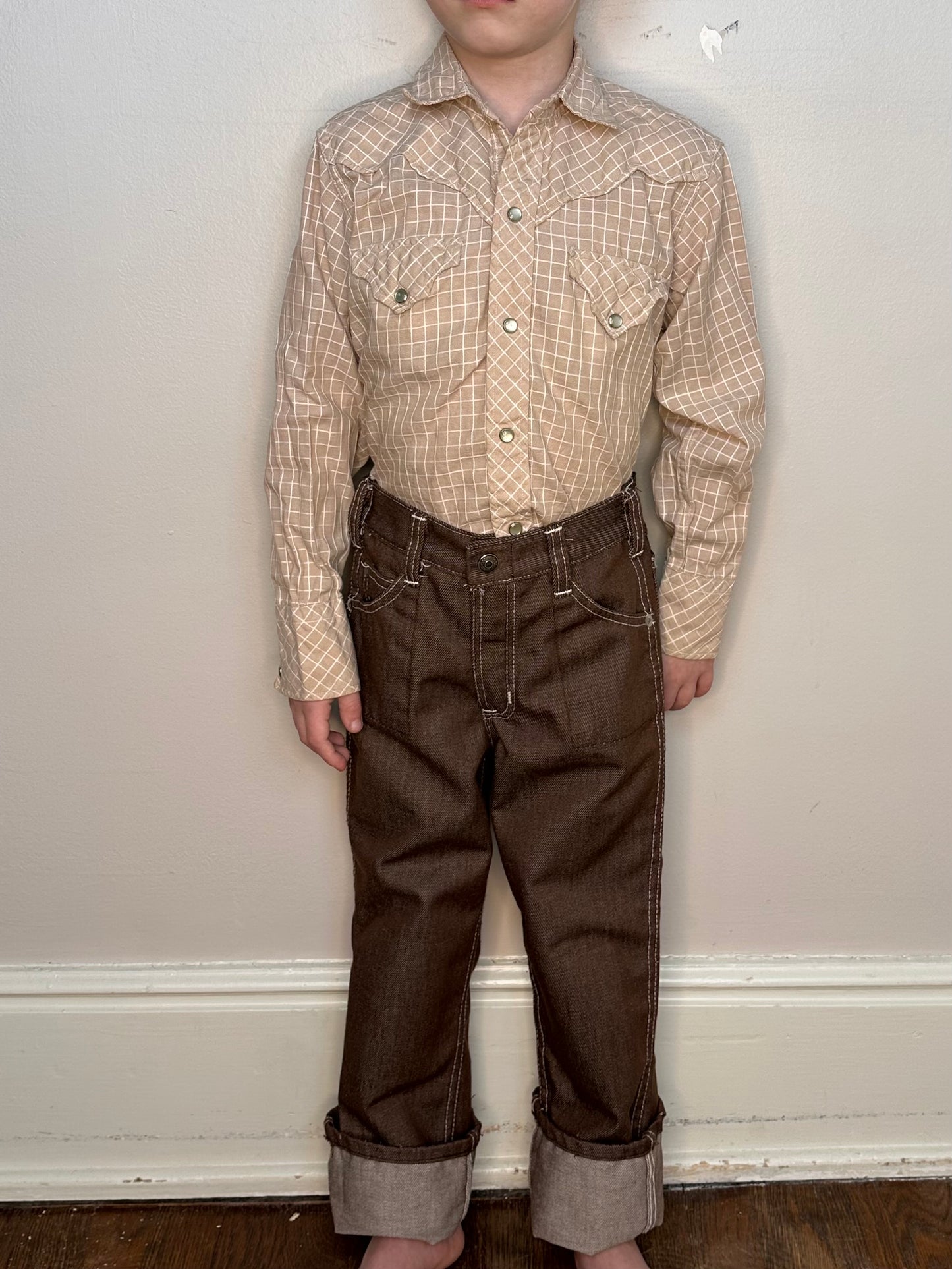 1970s Kids Tan and White Grid Western Shirt, Sand and Sage Western Wear Size 6/7, Pearl Snap