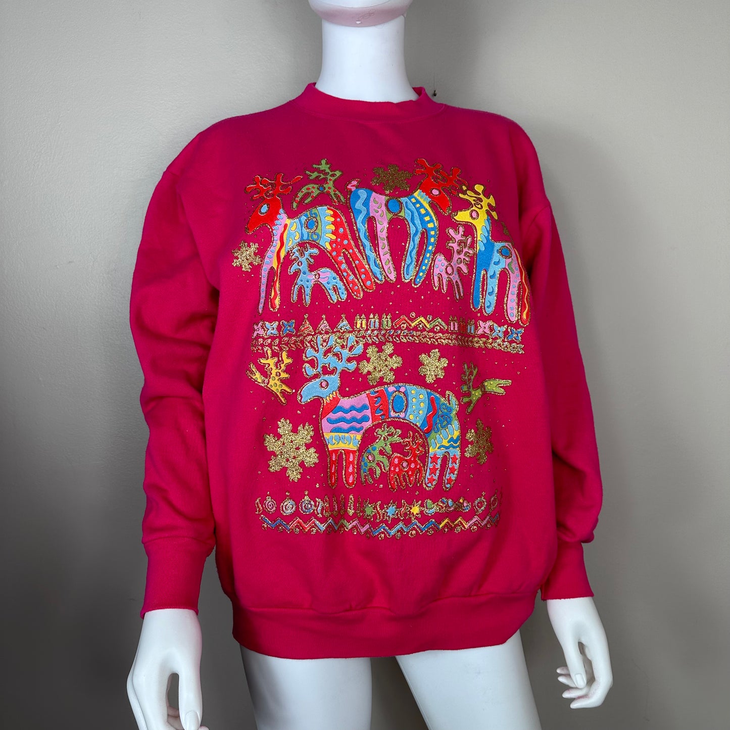 1980s/90s Pink Reindeer Sweatshirt, Glitter Print, Movement Size L/XL