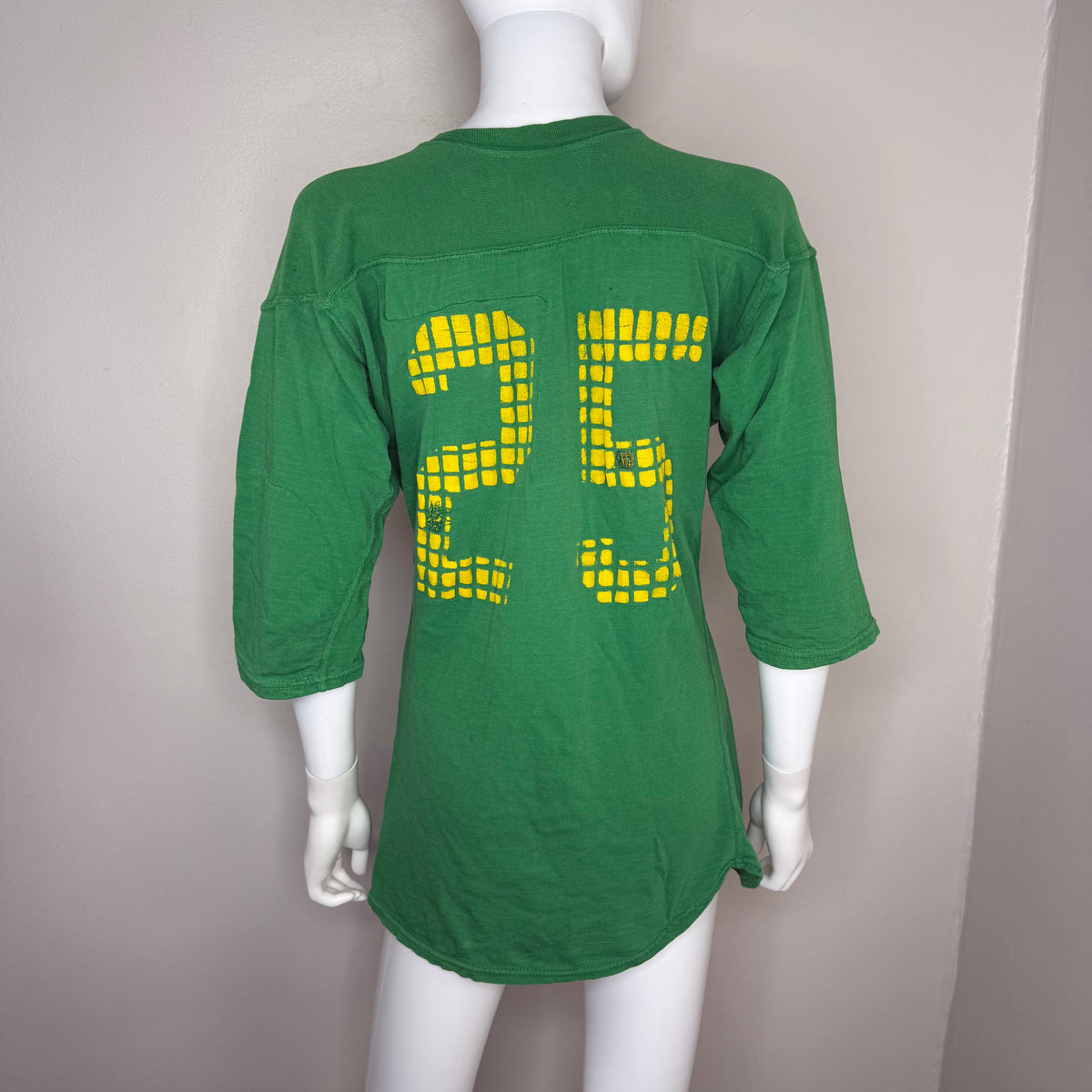 1950s Green Cotton Jersey T-Shirt, Large Yellow Grid Number 25, Red Fox Manufacturing Size 42