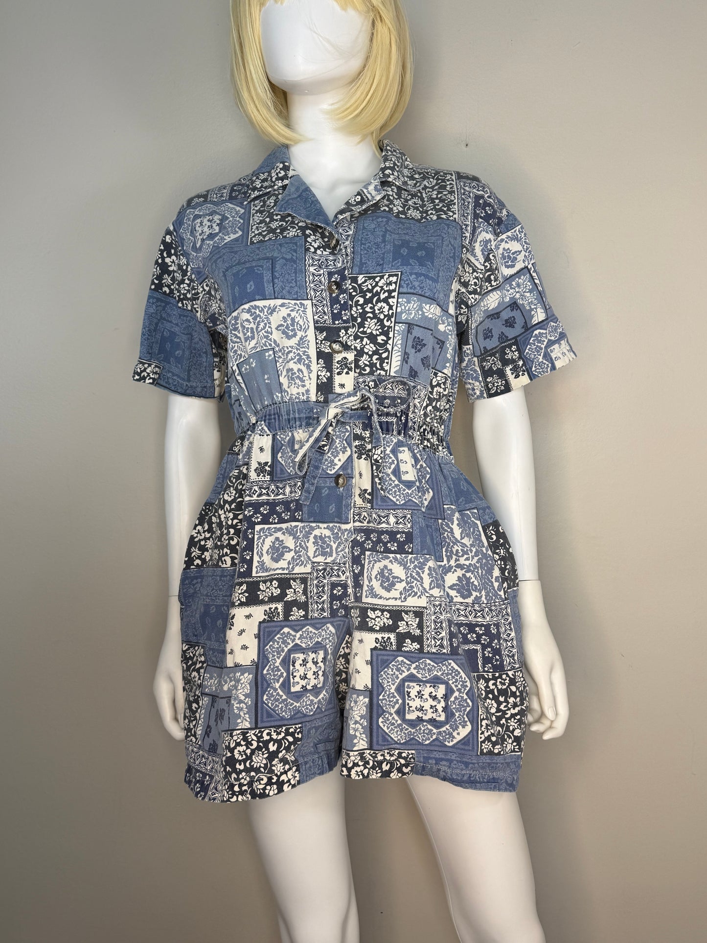 1990s Bandana Patchwork Print Denim Romper, Studiowear Petite size Medium