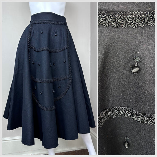 1950s Black Felt Circle Skirt, Embellished, Size XXS