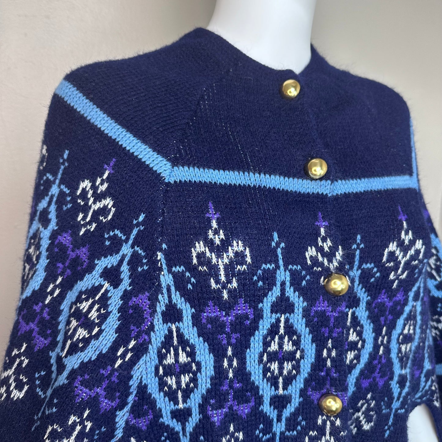 1970s Blue Intarsia Knitted Cape, Sturbridge, Poncho