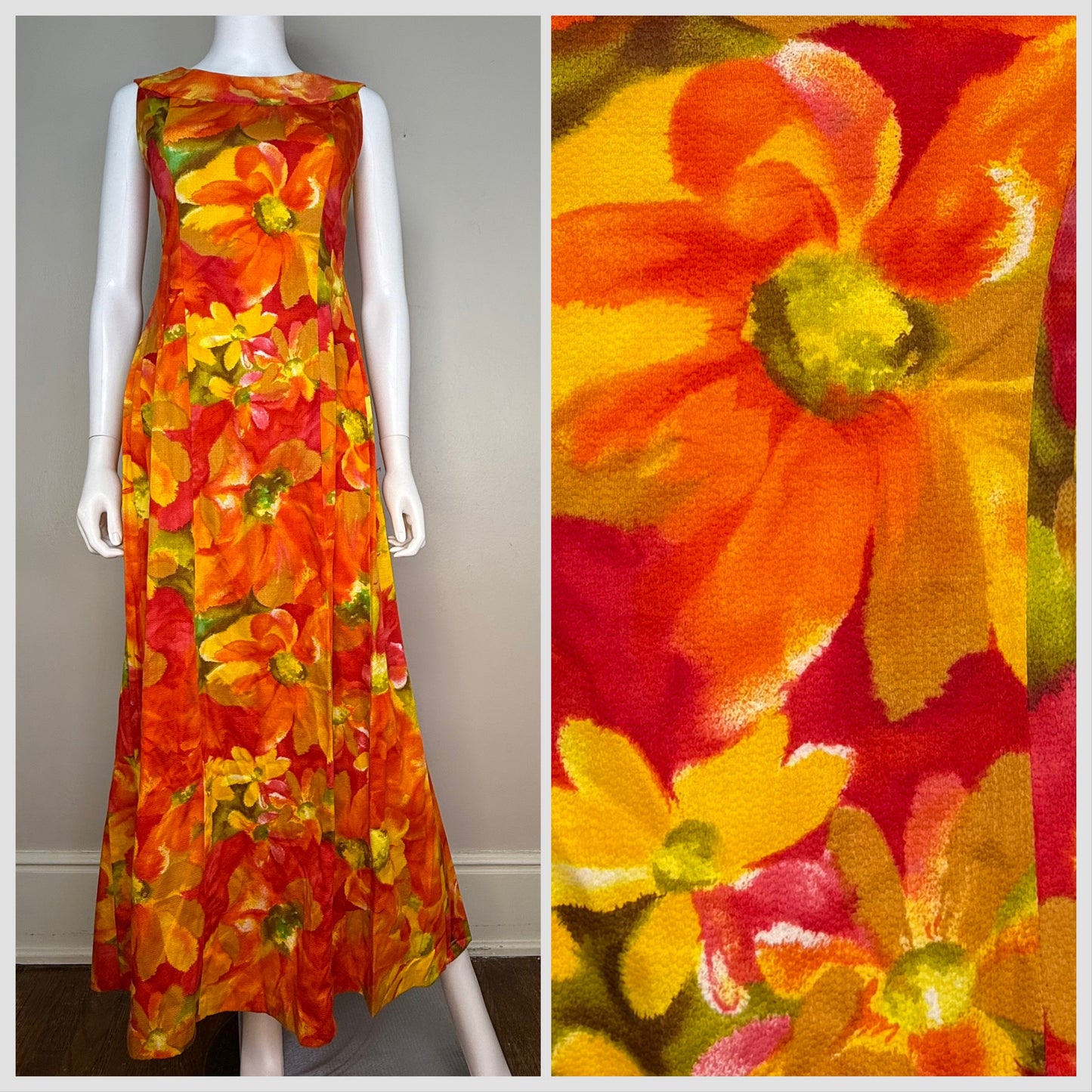 1960s Orange Hawaiian Floral Sleeveless Maxi Dress, Karen Ann Hawaii Size XS/Small, Cotton