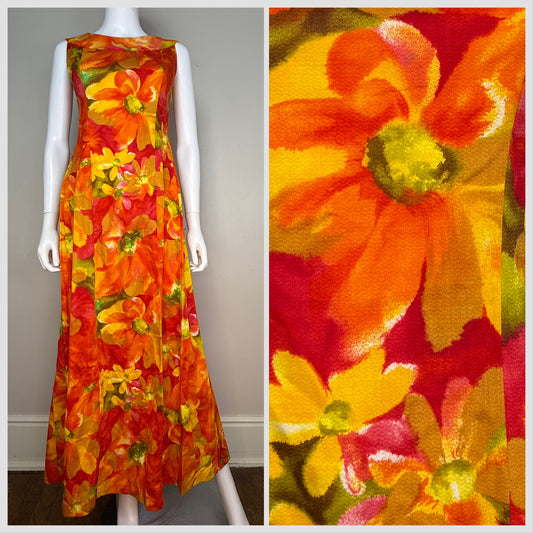1960s Orange Hawaiian Floral Sleeveless Maxi Dress, Karen Ann Hawaii Size XS/Small, Cotton
