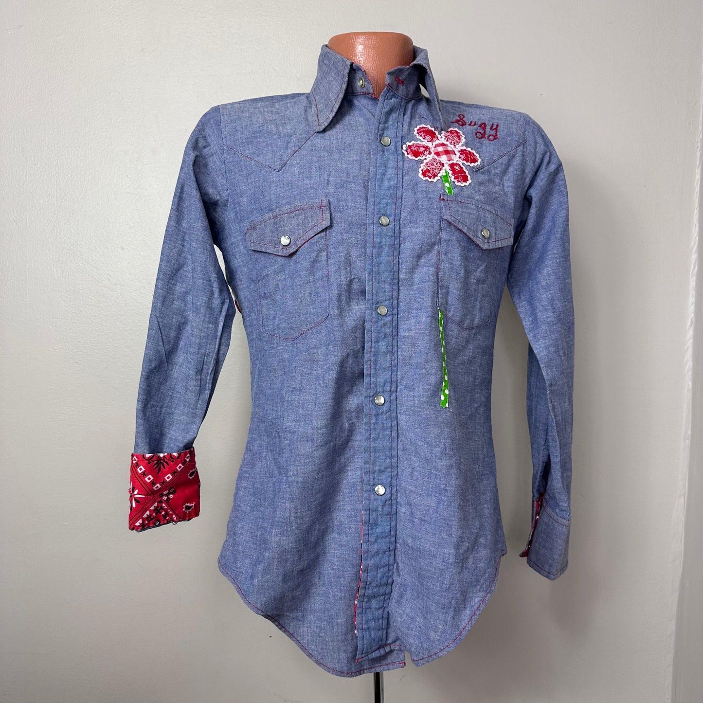 1970s Chambray Shirt with Floral Appliqué, Monzini Size Small, Bandana Trim