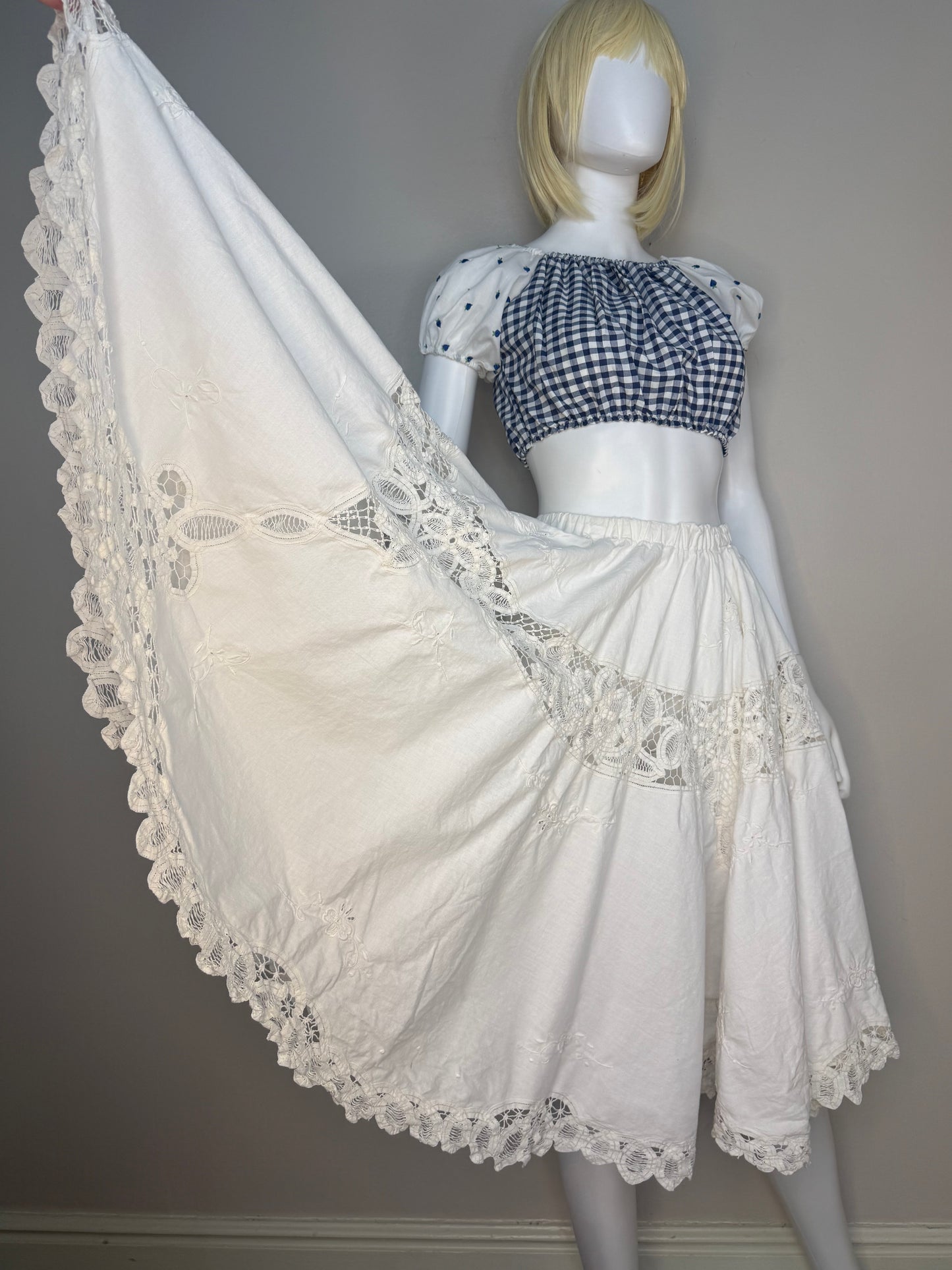 1980s Upcycled Tablecloth Circle Skirt, White Cotton Lace, Handmade Size XS/S