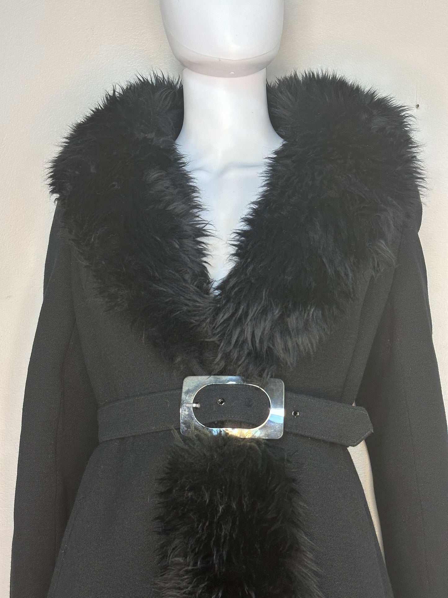 1960s/70s Black Belted Coat with Fur Trim, Richard Shops, Mono London Size XS-Small