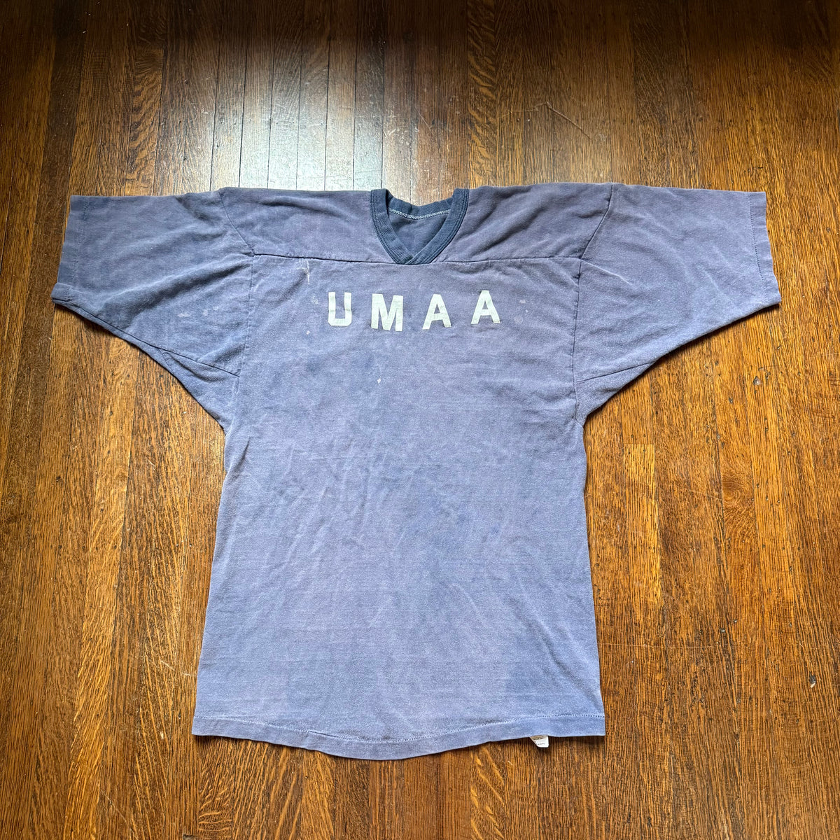 1970s UMAA Blue Cotton Jersey T-Shirt, Russell Athletic Size Small, Distressed