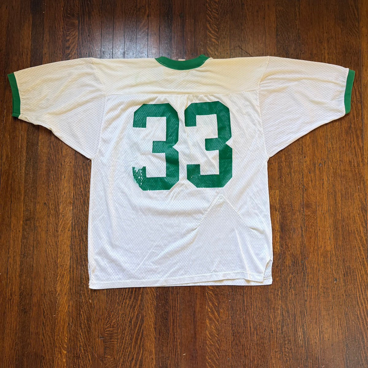 1970s White and Green Mesh Jersey, Southern Athletic Size Large, No. 33