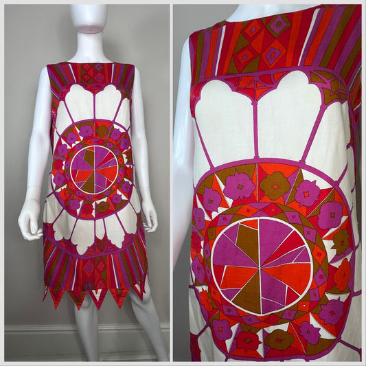 1960s Stained Glass Window Print Dress, Zig Zag Hem, Size Medium