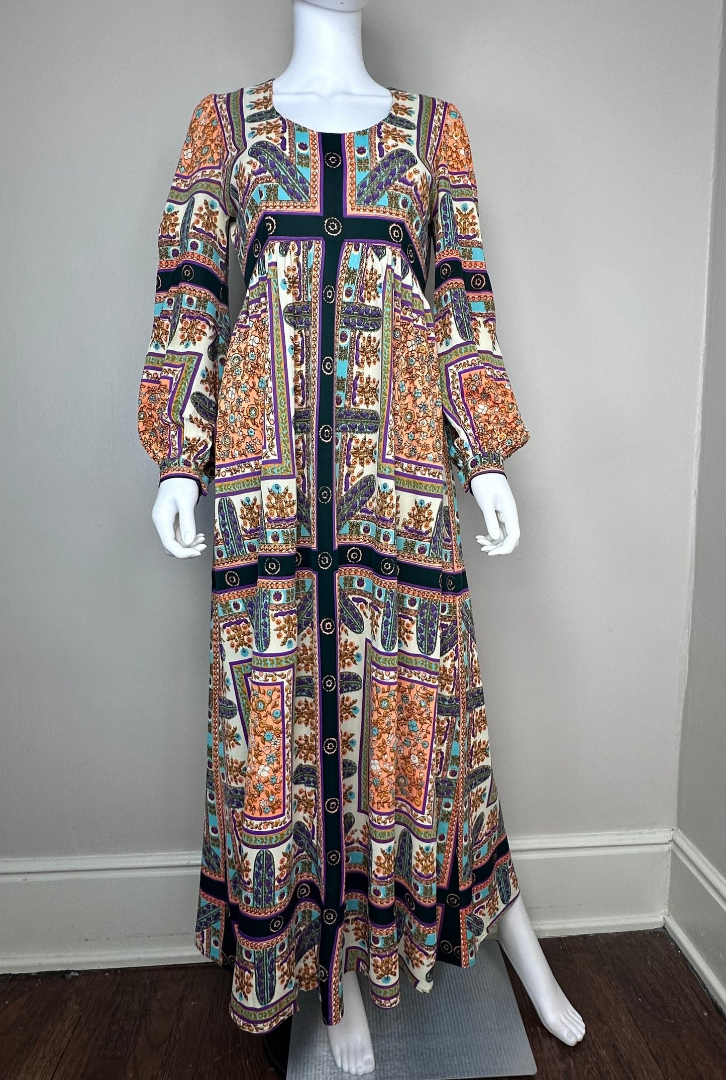 1970s Scarf Print Long Sleeve Maxi Dress, Size Medium, Empire Waist