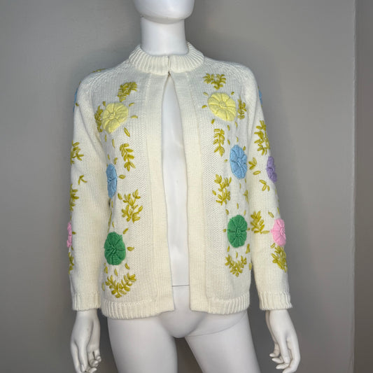 1960s/70s Floral Embroidered Cardigan Sweater, Glamour Knit Size Medium
