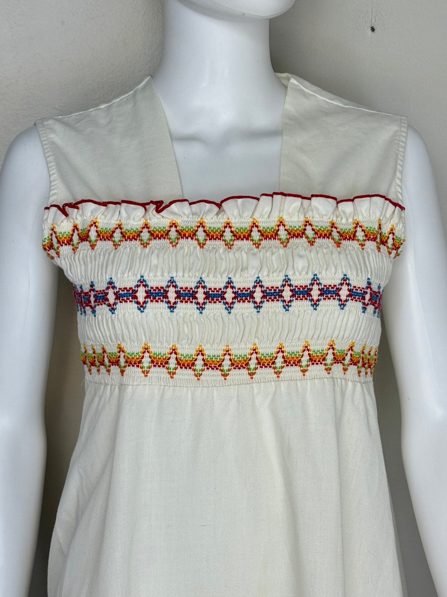 1970s Rainbow Smocked Bodice Sundress, Size Medium, Sleeveless Midi Dress
