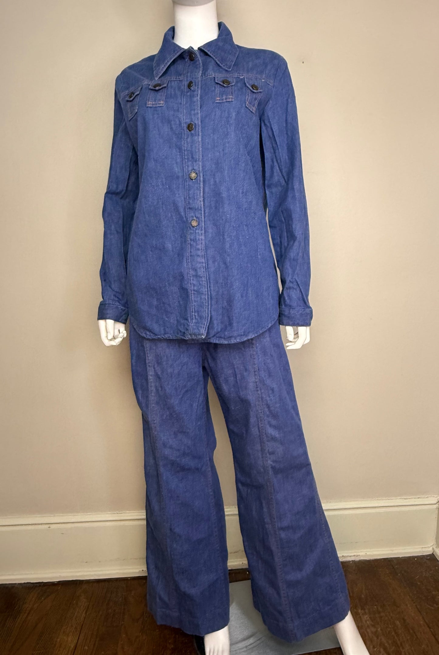1970s Women’s Denim Suit, Shirt Jacket and Bell Bottom Blue Jeans Set, Sears Jr Bazaar Size Medium