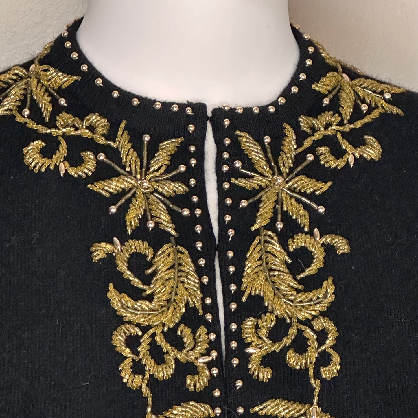 1960s Black Angora Blend Cardigan with Gold Beading, Marshall Field & Company Size Medium