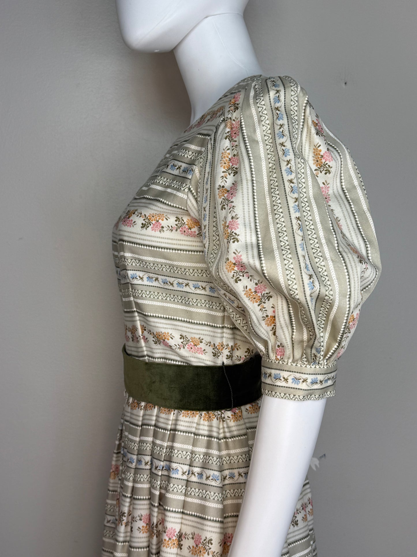 1970s/80s Floral Stripe Dress with Big Puff Sleeves, Lanz Size Small