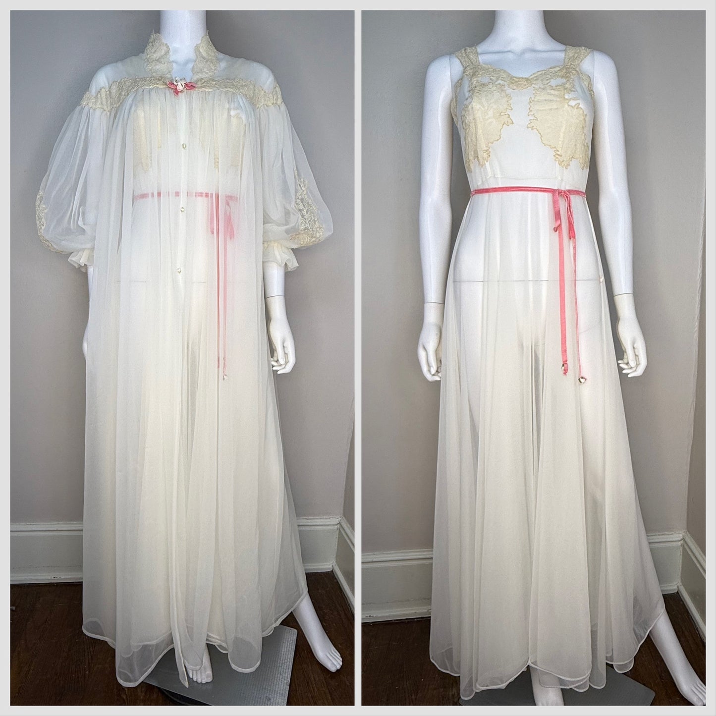 1950s Full Length Peignoir Set with Full Sweep, Sheer Off White Nylon with Cream Lace and Pink Ribbon, Yolande Size 32, XS, Night Gown and Robe, Bridal Lingerie
