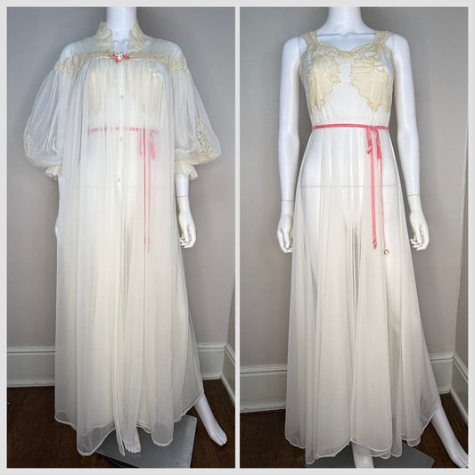 1950s Full Length Peignoir Set with Full Sweep, Sheer Off White Nylon with Cream Lace and Pink Ribbon, Yolande Size 32, XS, Night Gown and Robe, Bridal Lingerie