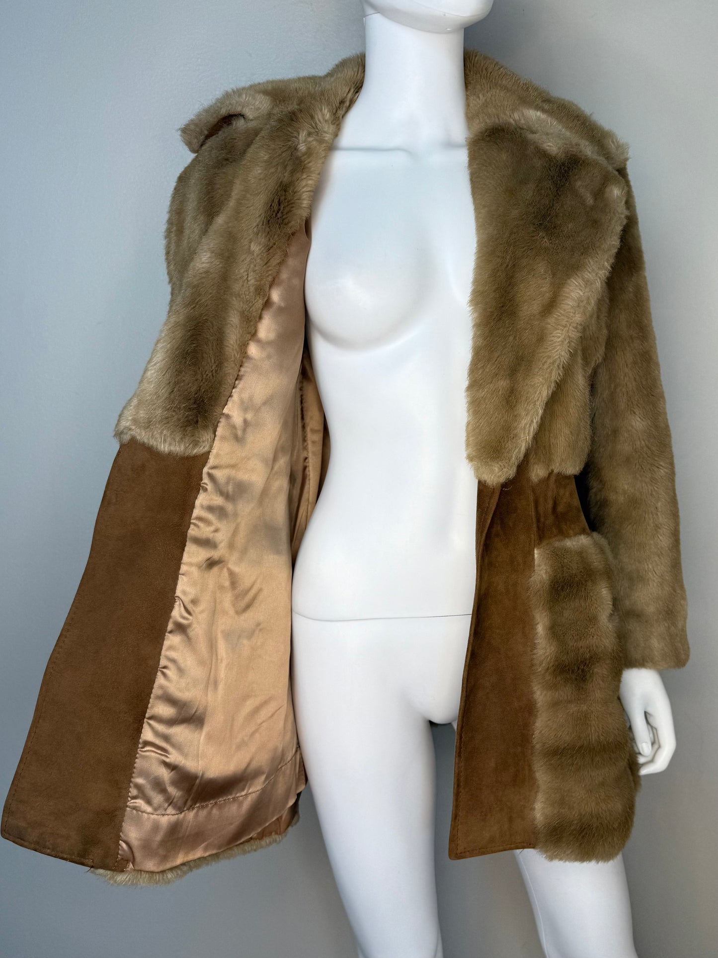 1970s Brown Faux Fur and Leather Coat, London Leathers by Lilli Ann Size Small