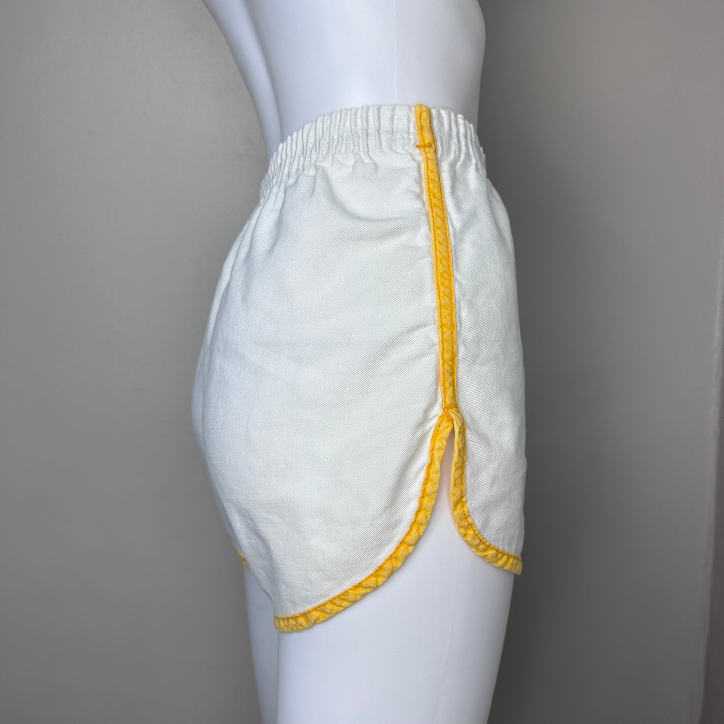 1980s White and Yellow Gym Shorts, Hutchison School, Size X-Small