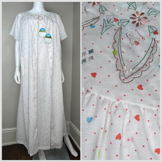 1980s Peignoir Set, Heart Print Polka Dot, Hand Embroidered, Full Length Nightgown and Short Sleeve Robe, Lily Size Large-XL, New with Tags