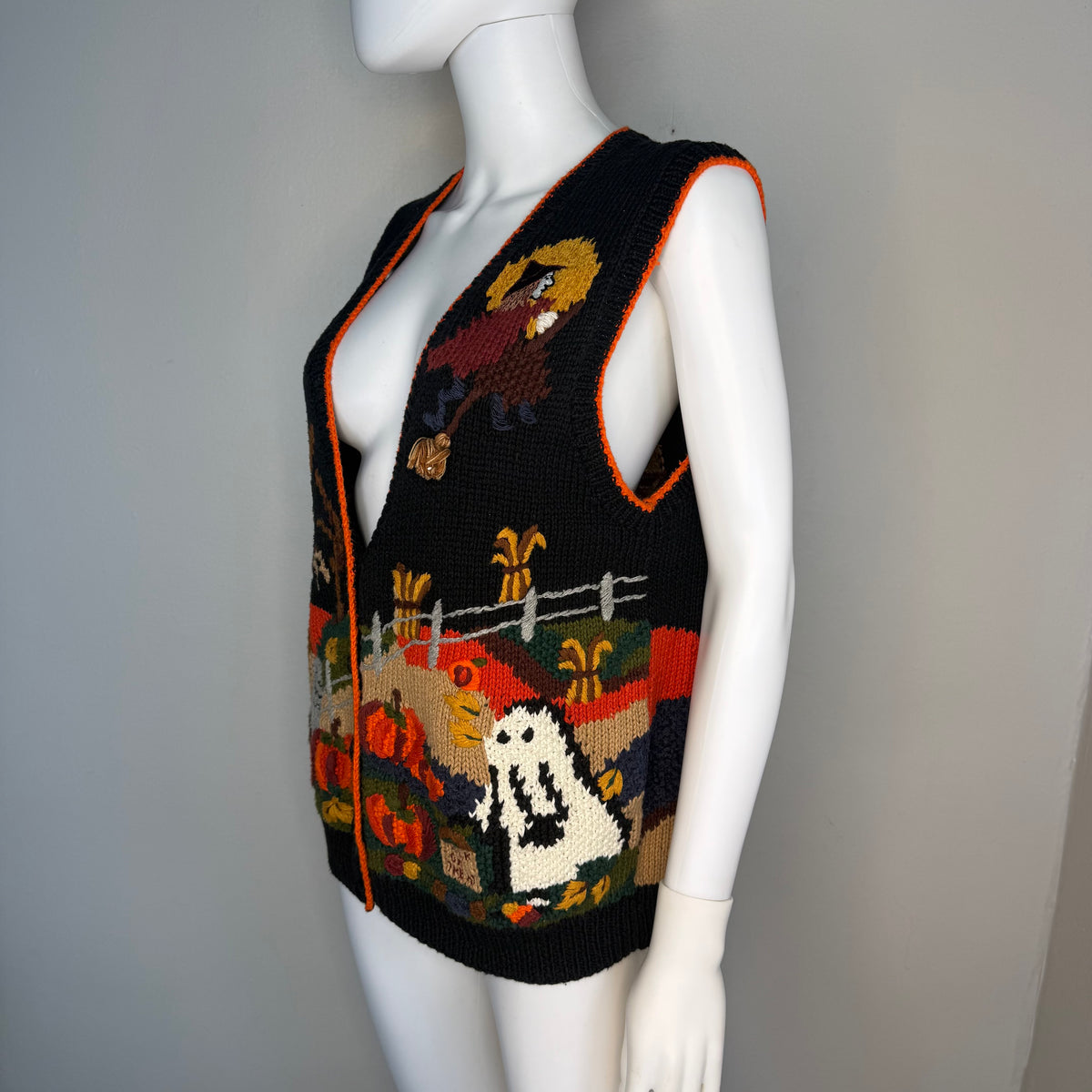 1990s Halloween Sweater Vest Cardigan, Boundary Waters Size Large, Haunted House, Witch, Ghost, Spooky Tree