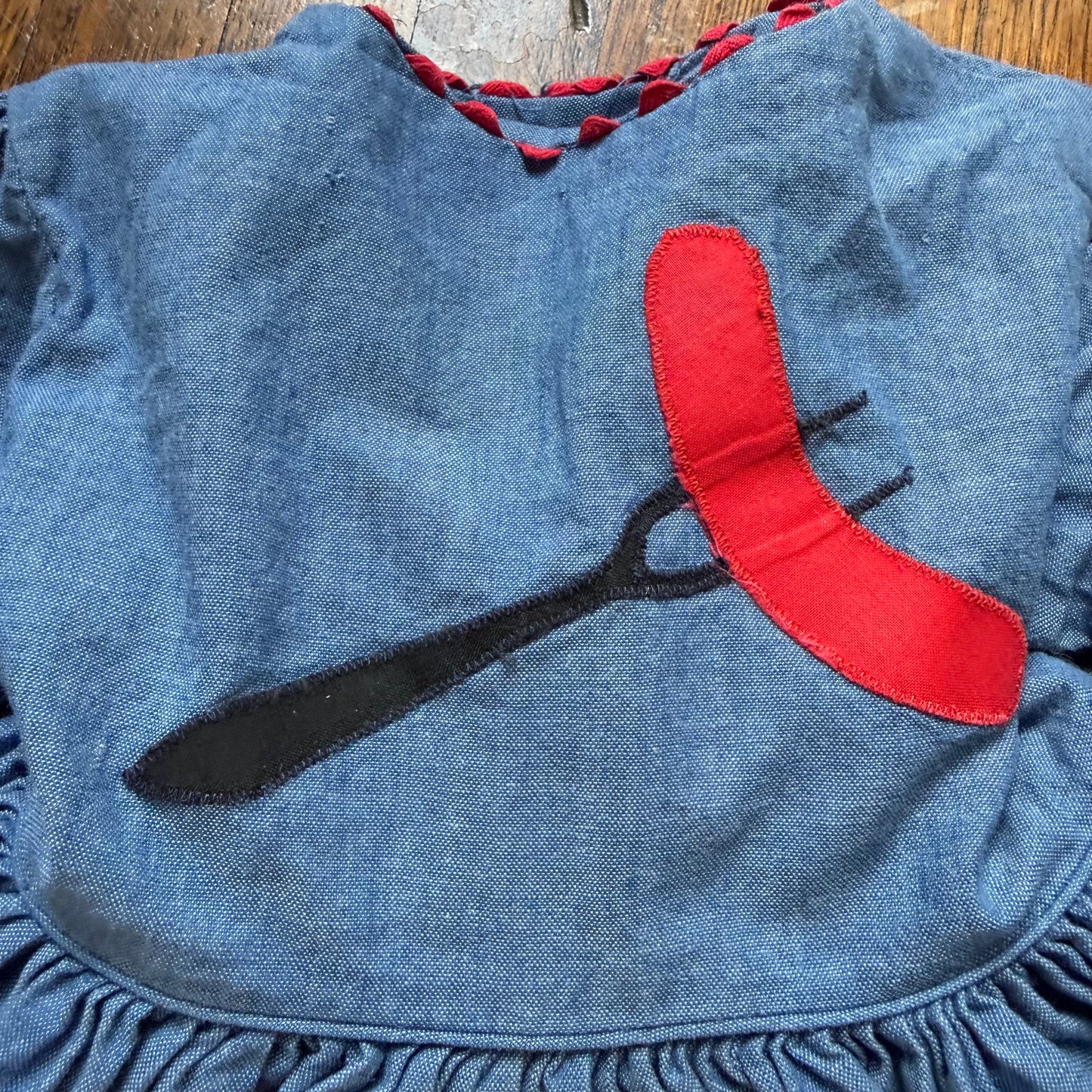 1950s Chambray Baby Dress, Hot Dog BBQ Applique, Full Skirt, Puff Sleeves, Rick Rack, Size 3-6 month