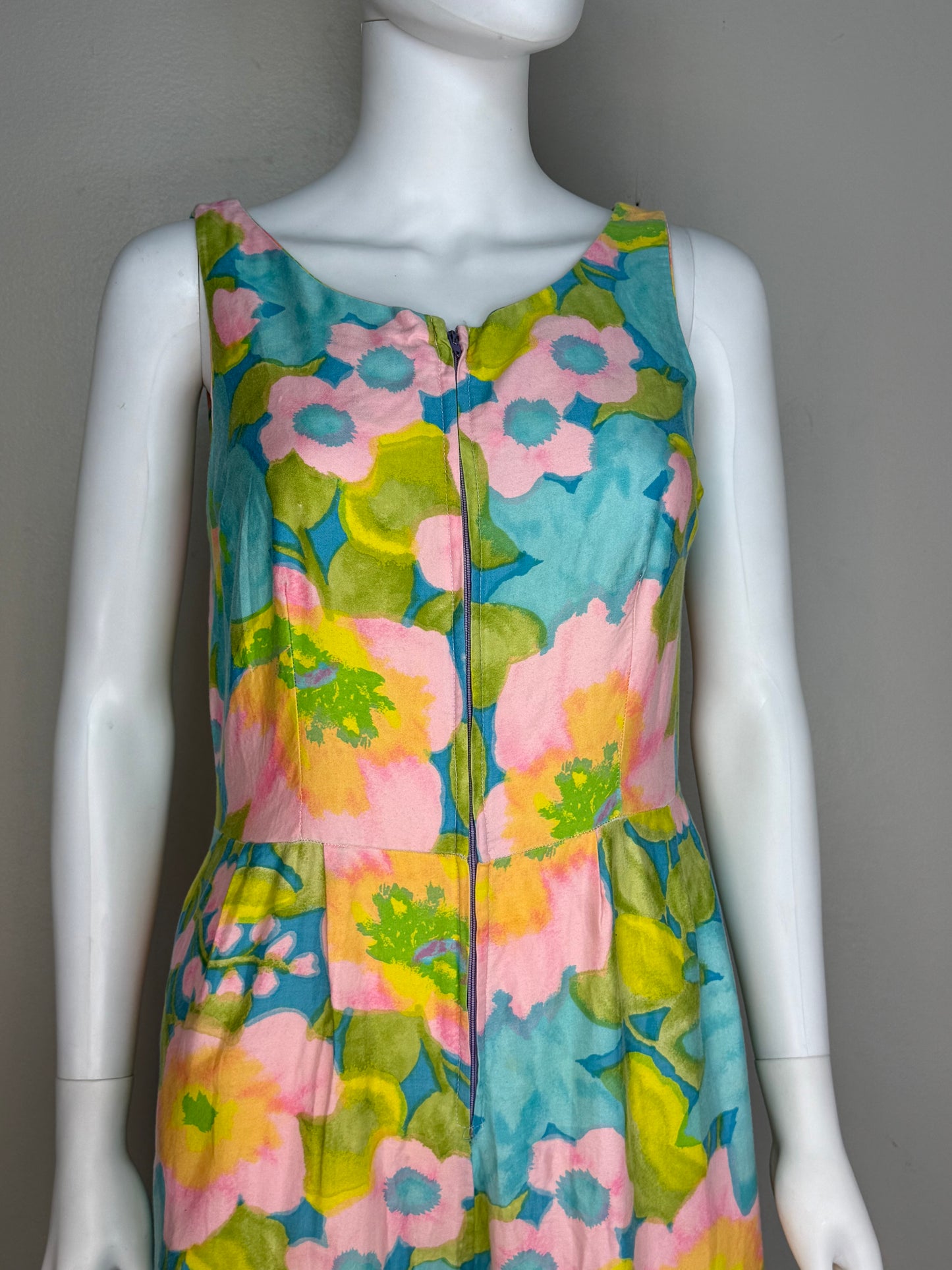 1960s Floral Cotton Sleeveless Jumpsuit, Front Zip, Wide Flare Leg, Size Small