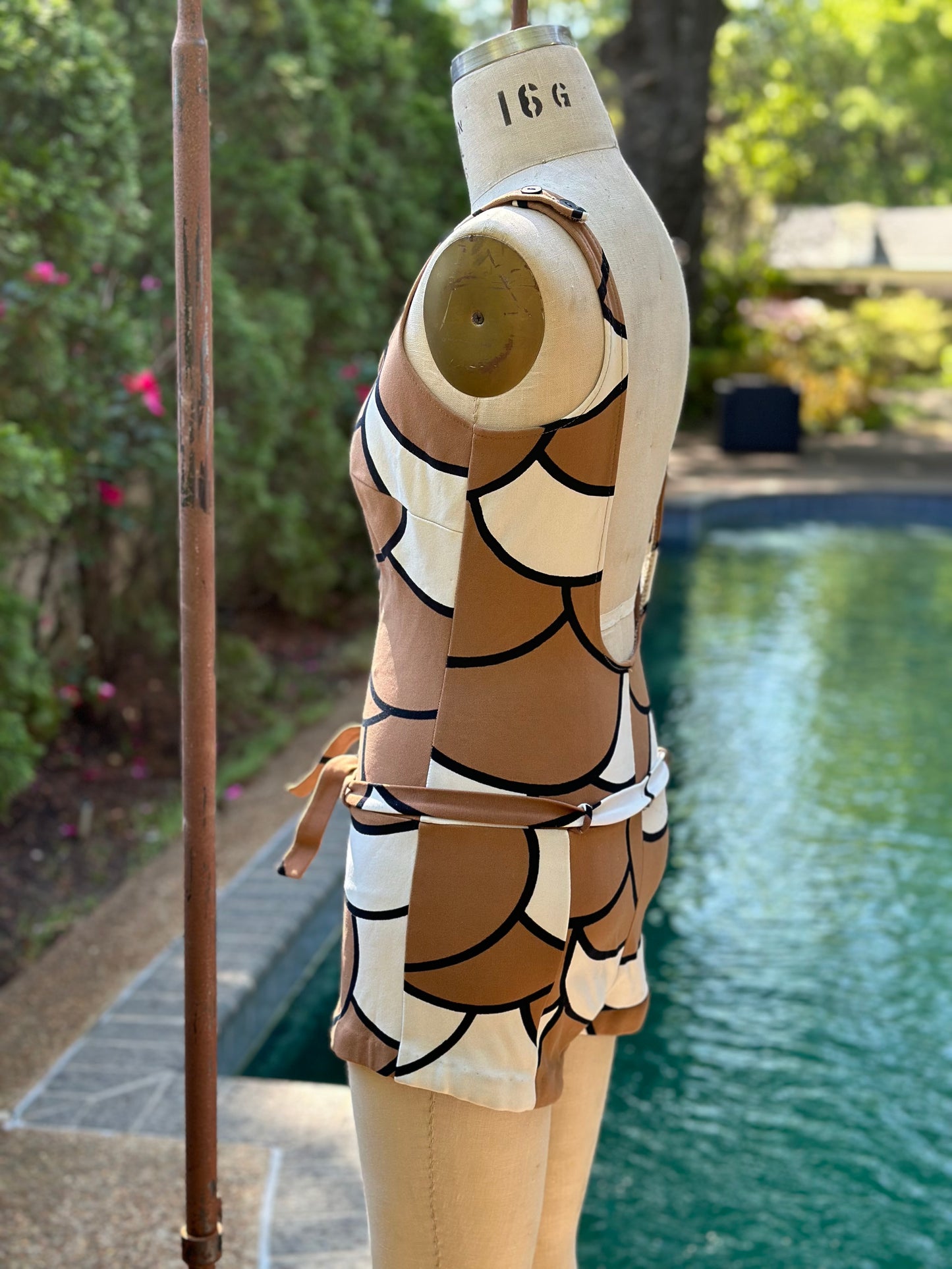 1960s Women’s One Piece Swimsuit, Size Medium, Brown and White Scale Print Romper