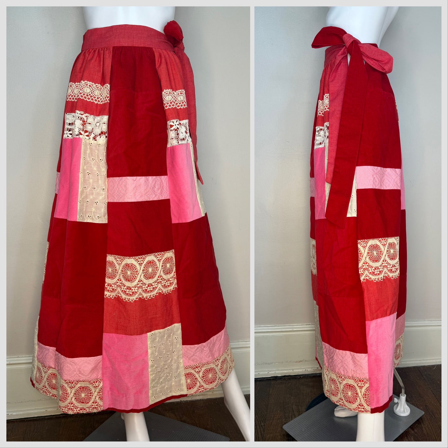 1970s Red and Pink Patchwork Maxi Skirt, Velvet, Lace, Size XXS