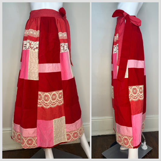 1970s Red and Pink Patchwork Maxi Skirt, Velvet, Lace, Size XXS