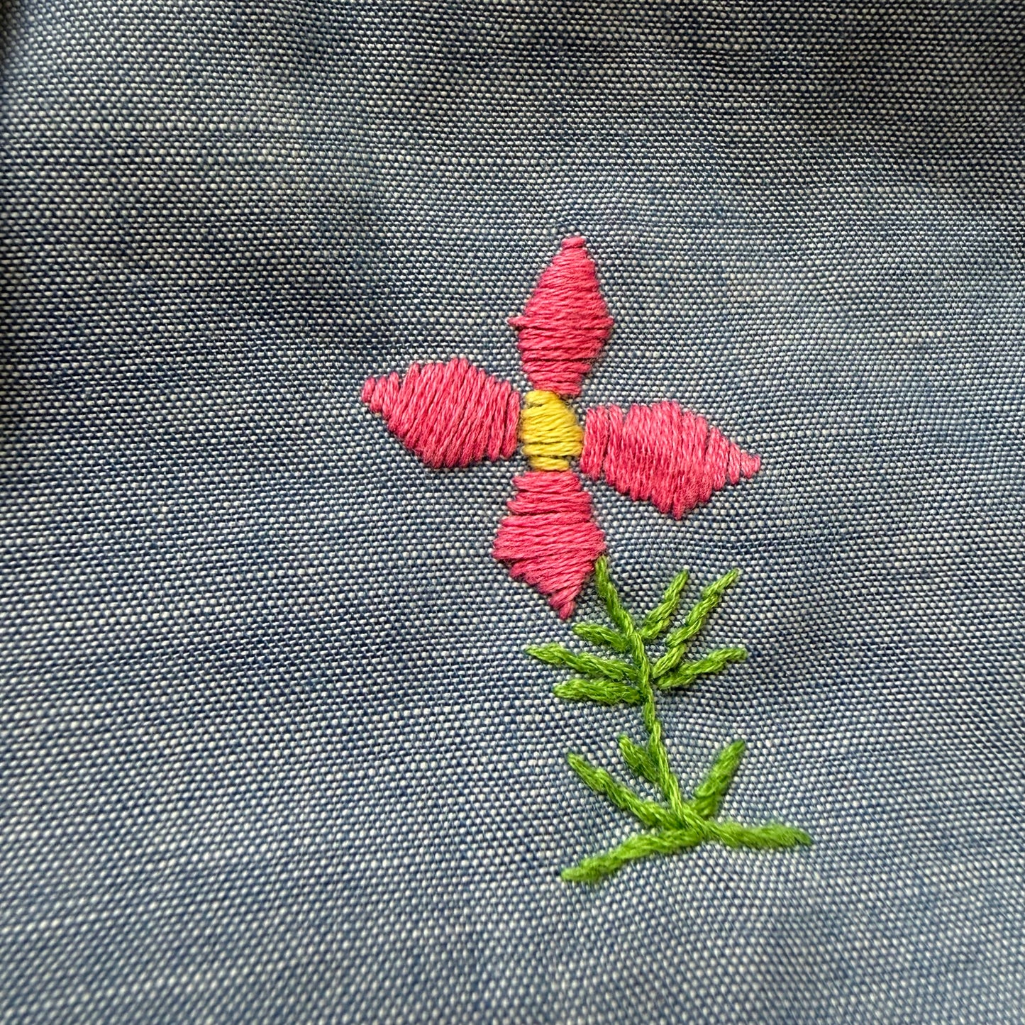 1970s Chambray Shirt with Embroidery, Size Small, Everything’s Fine, Shroom, Smiley, Hand Embroidered