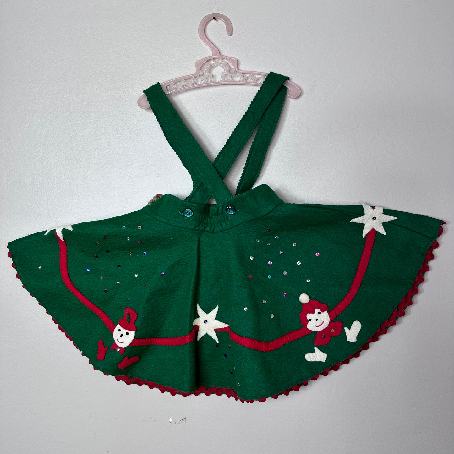 1950s Girls’ Kitschy Felt Christmas Suspenders Skirt with Matching Ear Muff, Handmade Size 4T