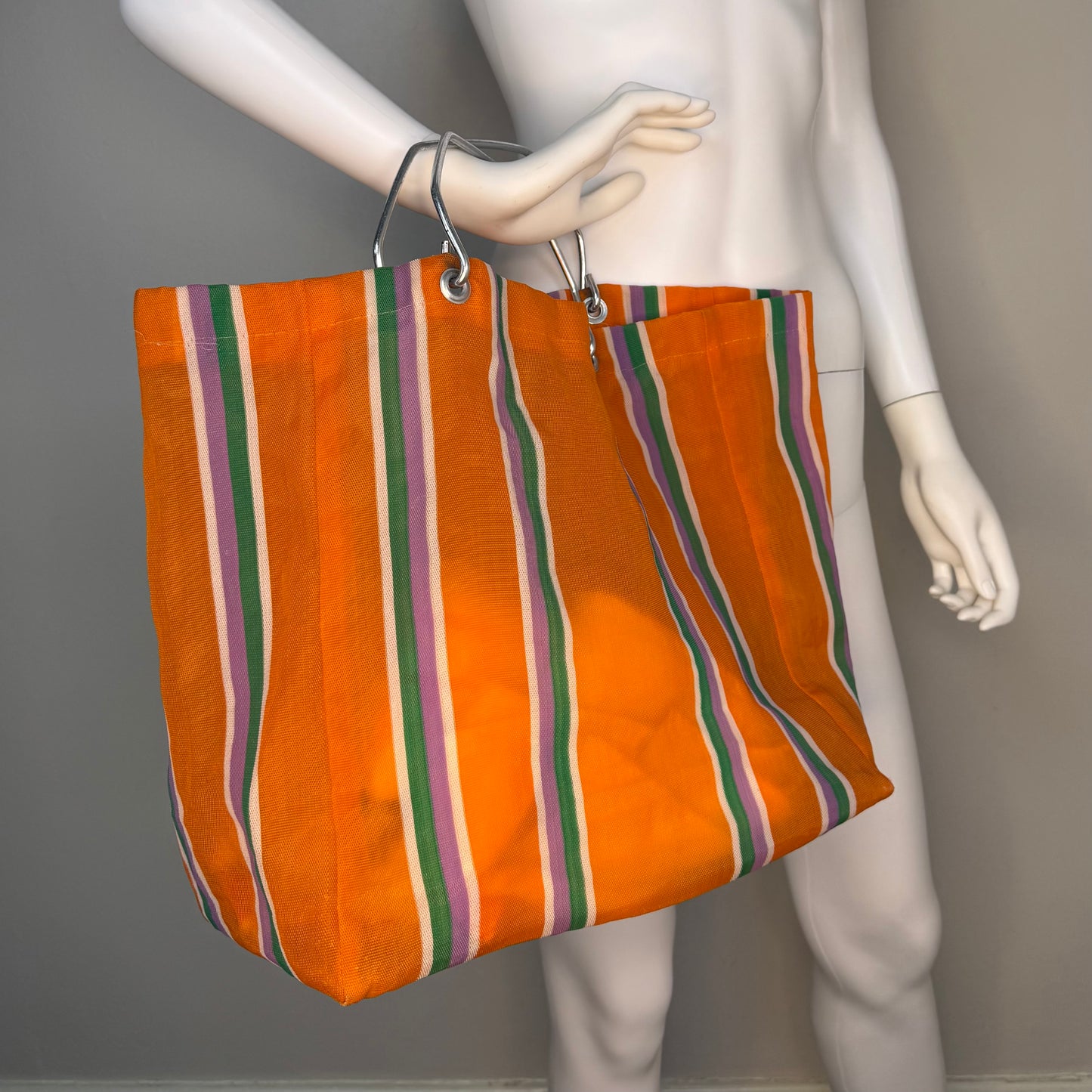 1970s Orange Stripe Large Shopping Tote Bag, KGA Spain, Woven Polyethylene with Metal Handles