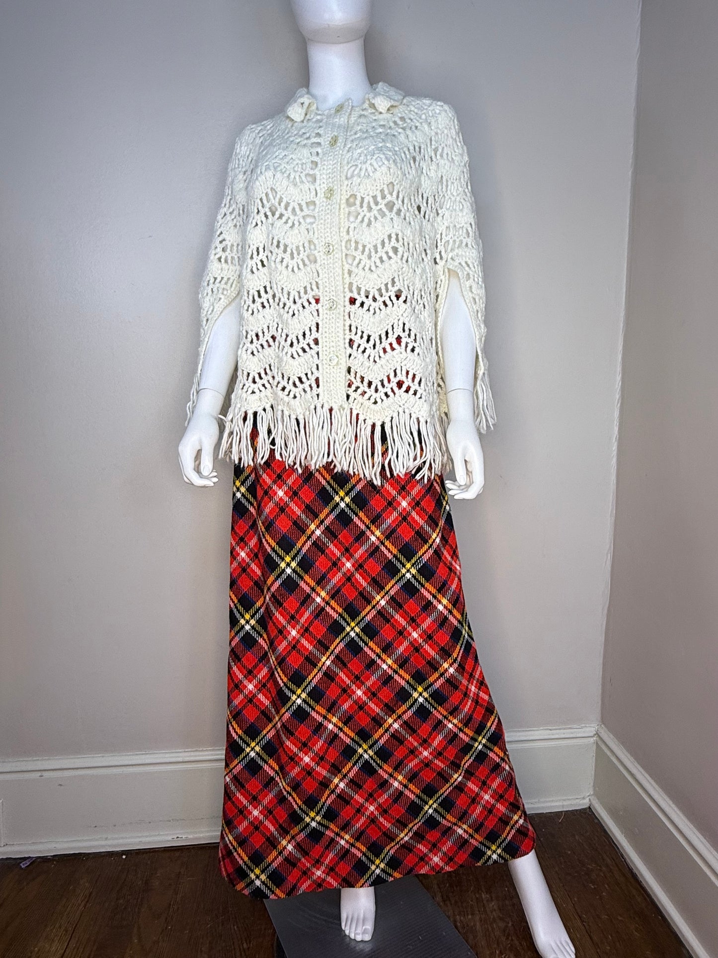 1970s Off White Crochet Cape w/Fringe, Poncho, Button Front Collar Boho Sweater