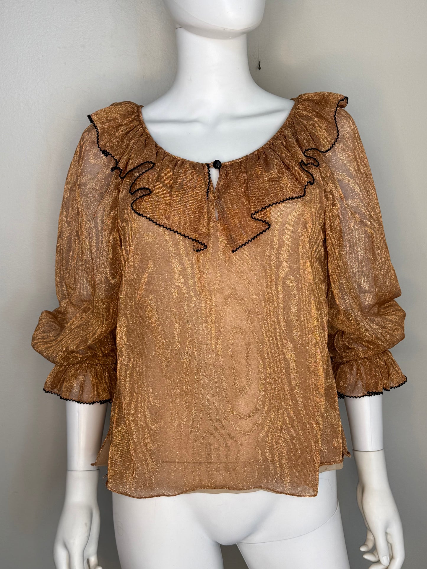 1980s Sheer Gold Blouse with Ruffle Neck, Size Medium