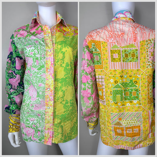 1970s Handmade Mixed Print Western Shirt, Size Medium, Vintage Lilly Pulitzer Fabric