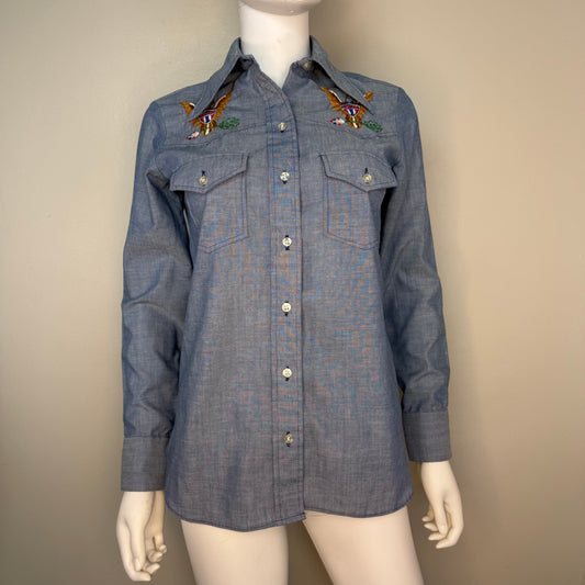 1970s Chambray Shirt, Hand Embroidered, Wrangler Size XS/Small, 1976 USA Bicentennial Celebration, Americana Embroidery