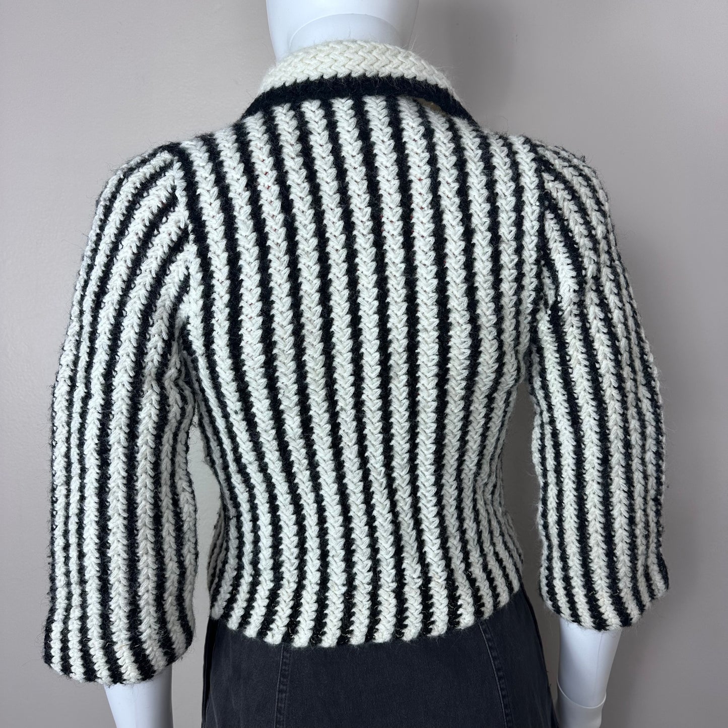 1950s Black and White Striped Fuzzy Cardigan Sweater, Barca Knit Size XXS-XS