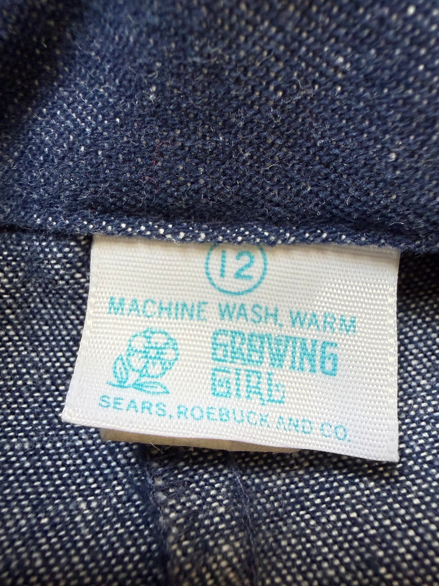 1970s Girl’s Denim Bellbottom Jumpsuit, Sears Growing Girl 10/12, Zip up with Zipper Trim