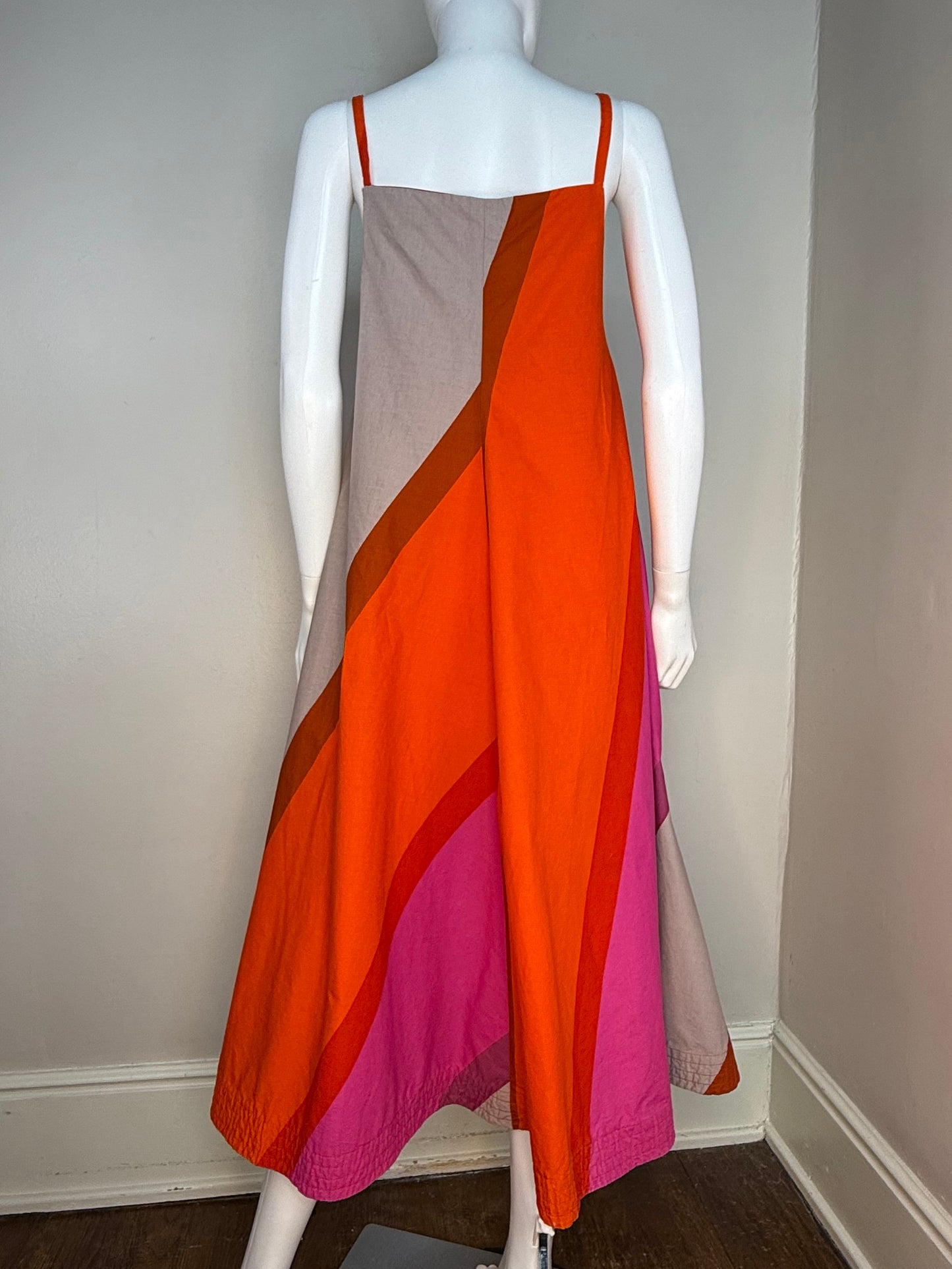 1960s Marimekko Midi Dress, Size Small, Sleeveless Sundress, Pink Orange and Grey Bold Wide Stripes, Suomi Finland, Design Research, Dated 1967