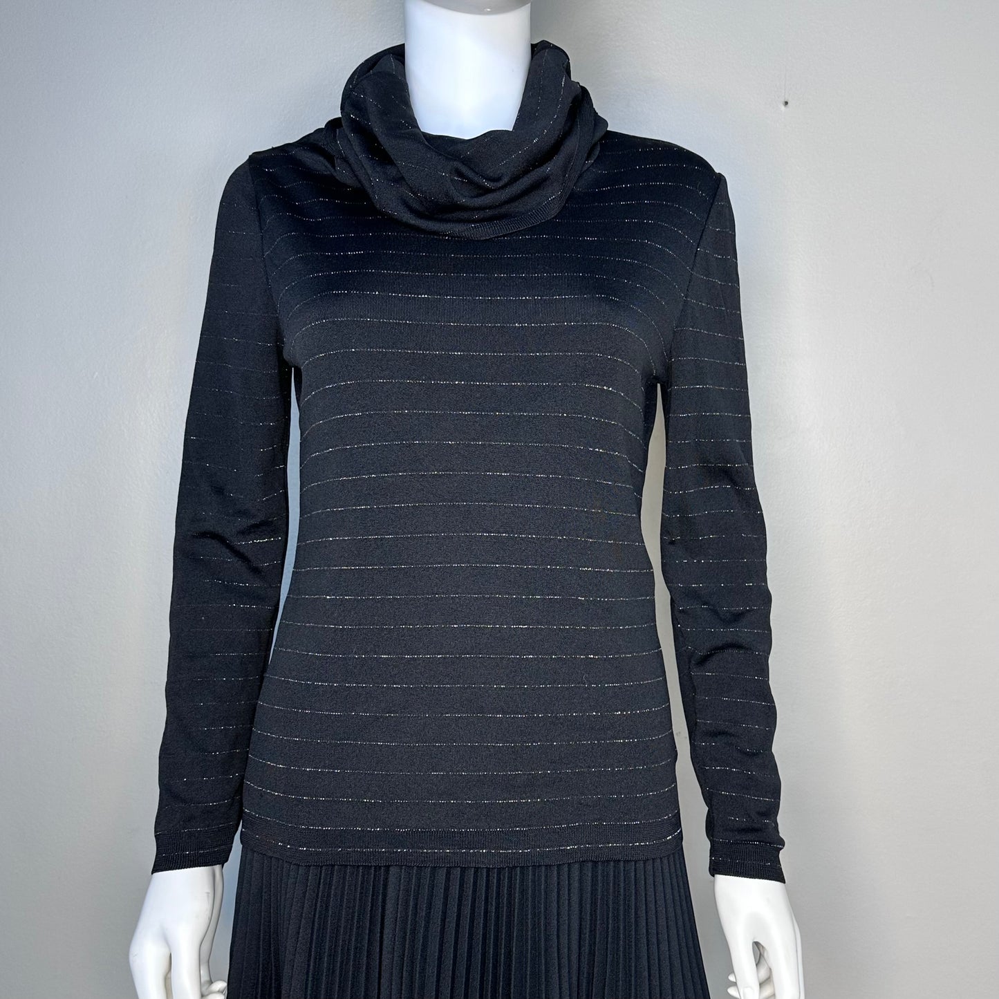 1970s Black and Silver Metallic Stripe Turtleneck Sweater, Pierre Cardin Size Medium